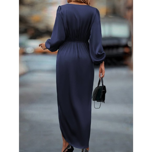 long sleeve  Lantern Sleeve Twist Front Wrap Hem Satin midi Dress green - Picture 8 of 11